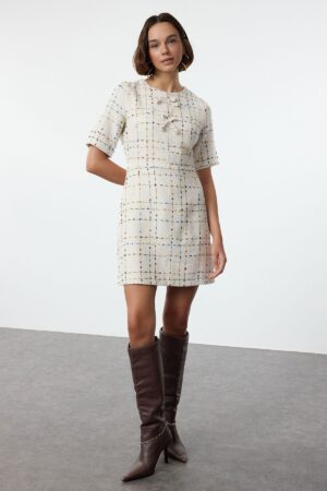 Trendyol Ecru Check A-Line Bow Detailed Mini Woven Tweed Dress