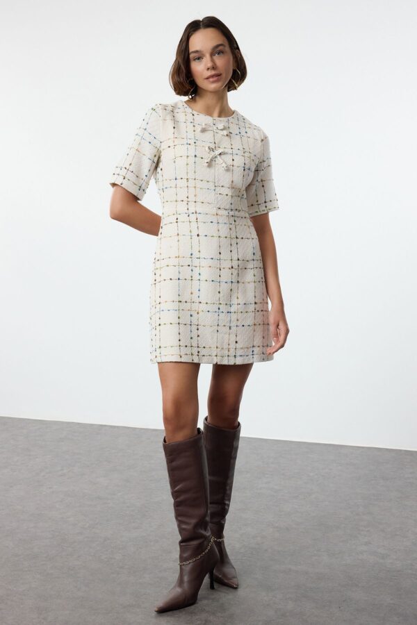 Trendyol Ecru Check A-Line Bow Detailed Mini Woven Tweed Dress