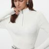 Trendyol Ecru Cotton Blend Zippered Stand Collar Thin Knit Sweater
