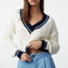 Trendyol Ecru Crop College Themed Knit Sweater