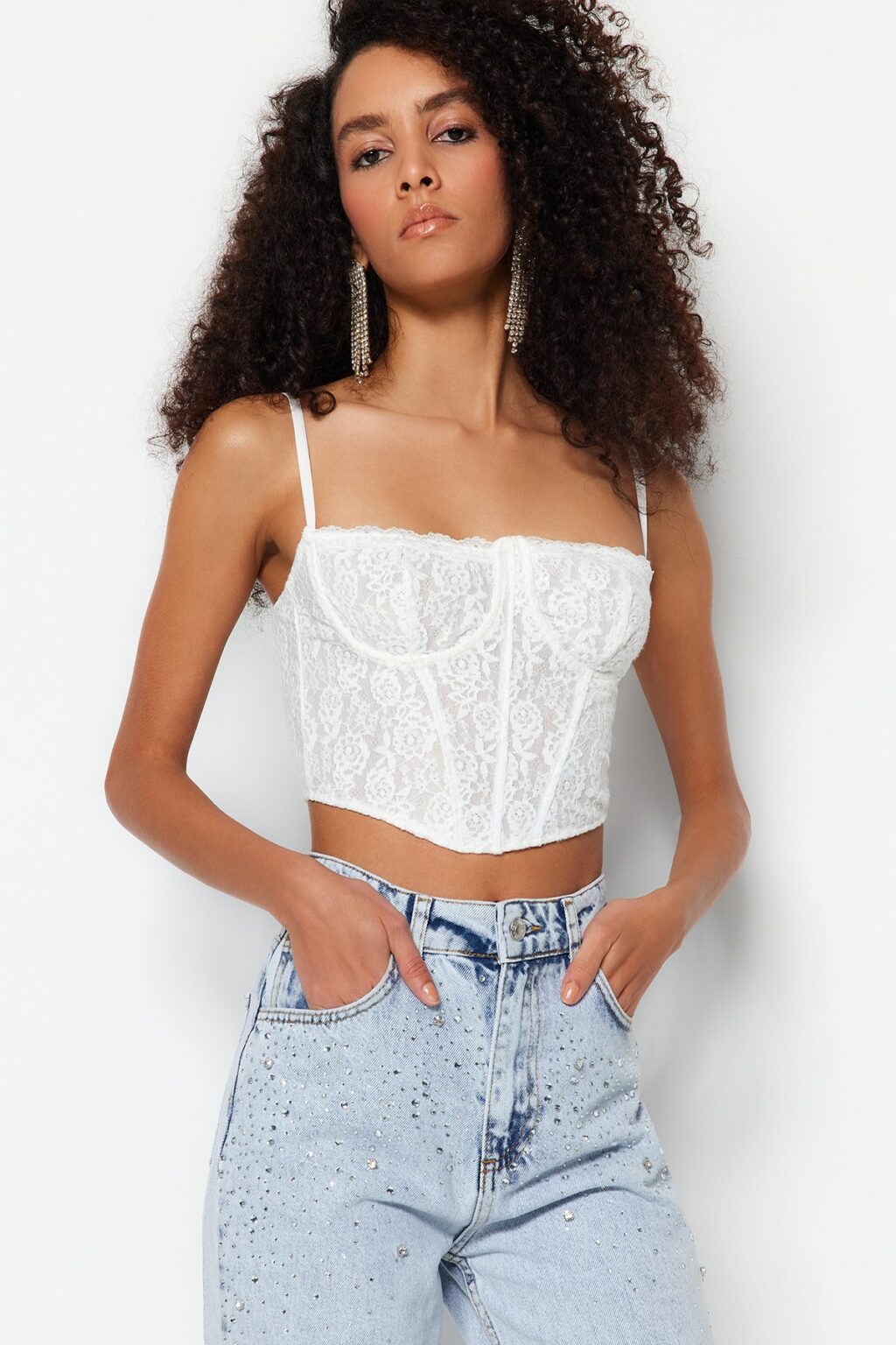 Trendyol Ecru Crop Lined Corset Detailed Knitted Lace Bustier
