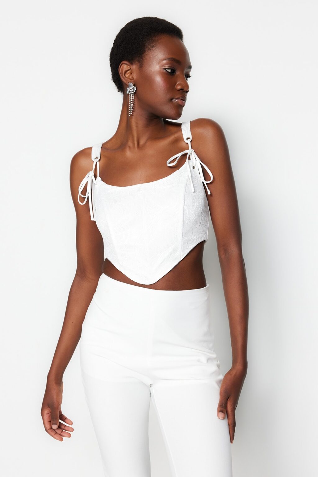 Trendyol Ecru Crop Lined Corset Detailed Knitted Lace Bustier