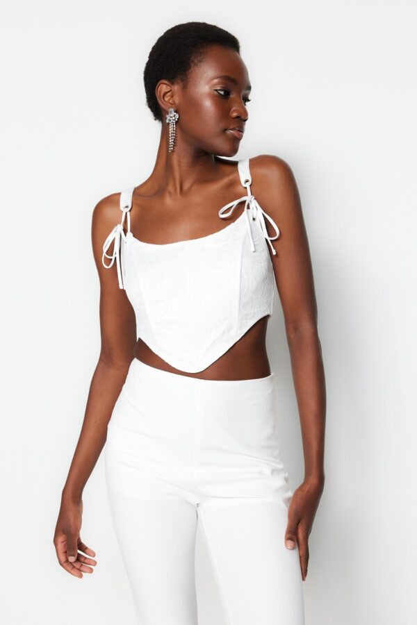 Trendyol Ecru Crop Lined Corset Detailed Knitted Lace Bustier