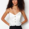 Trendyol Ecru Crop Lined Knitted Accessories Flounce Satin Bridal Blouse