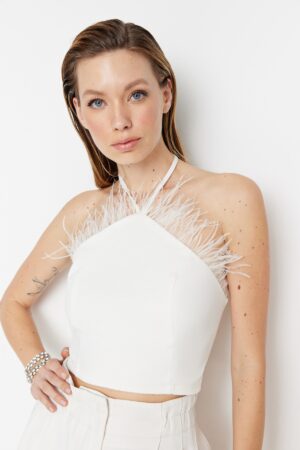 Trendyol Ecru Crop Lined Woven Trim Bridal Bustier Trendyol Ecru Crop Lined Woven Trim Bridal Bustier