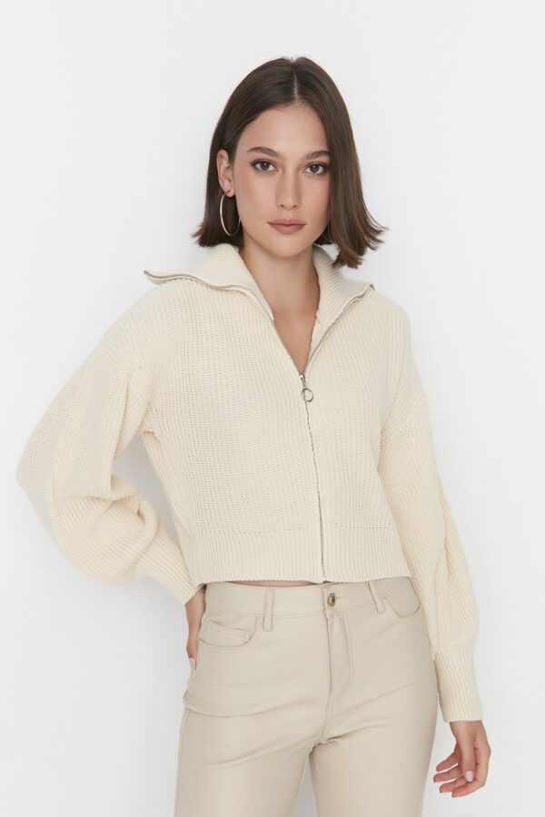 Trendyol Ecru Crop Zippered Knitwear Cardigan