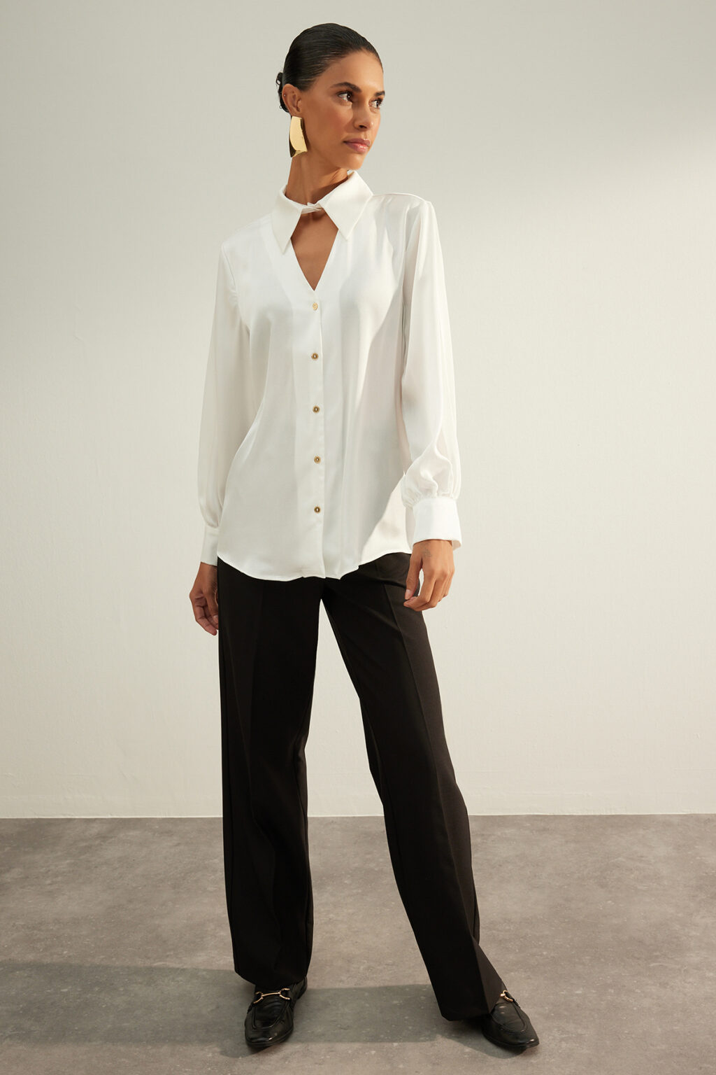 Trendyol Ecru Cut Out Detailed Oversize/Wide Fit Satin Woven Shirt