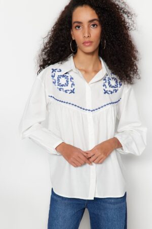 Trendyol Ecru Embroidered Cotton Woven Shirt