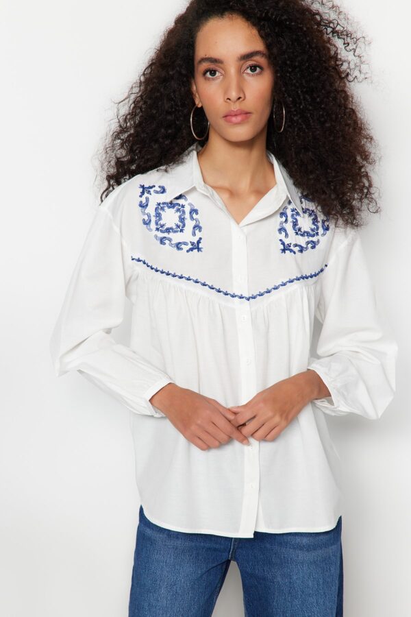 Trendyol Ecru Embroidered Cotton Woven Shirt