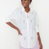 Trendyol Ecru Floral Embroidery Detailed Cotton Oversize Wide Cut Woven Shirt