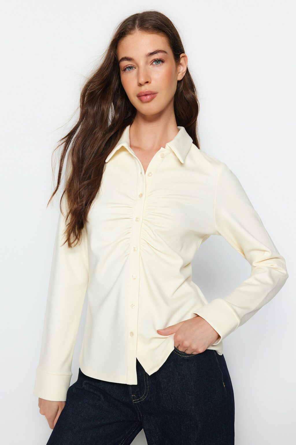 Trendyol Ecru Front Gathered Woven Shirt