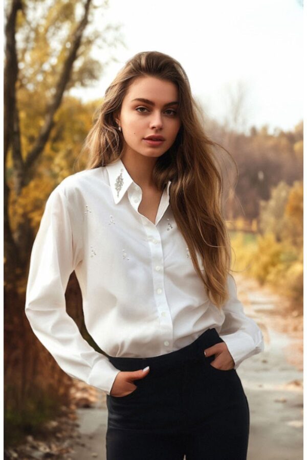 Trendyol Ecru Front Stone Detailed Regular Fit Woven Shirt