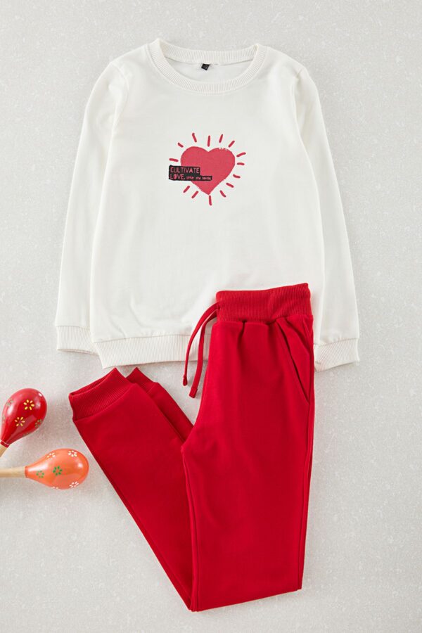 Trendyol Ecru Girl Heart Printed Knitted Bottom-Top Set