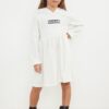 Trendyol Ecru Girl Seasonal-Thin Slogan Patterned Hooded Cotton Knitted Dress