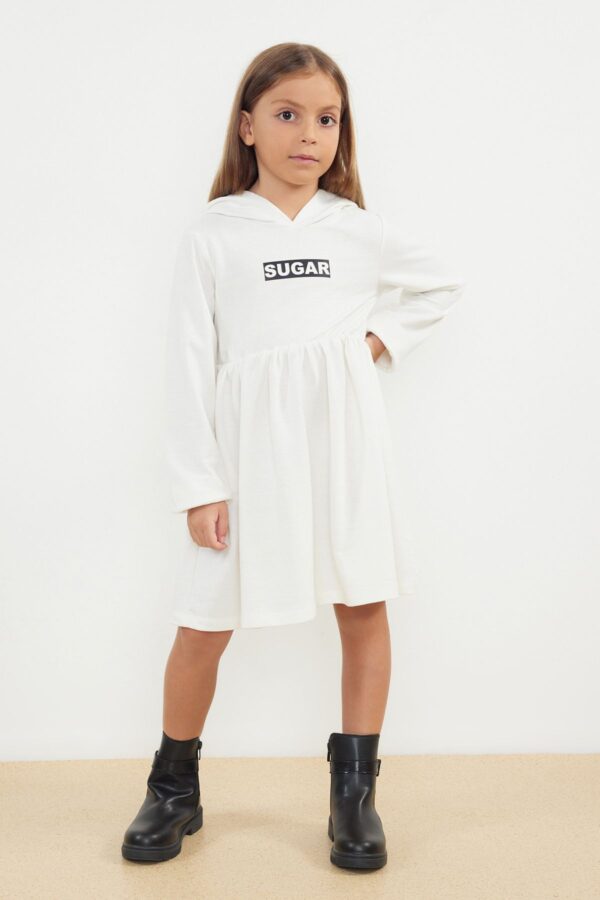 Trendyol Ecru Girl Seasonal-Thin Slogan Patterned Hooded Cotton Knitted Dress