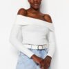 Trendyol Ecru Knitwear Look Carmen Collar Fitted Crop Knitted Madonna Collar Blouse