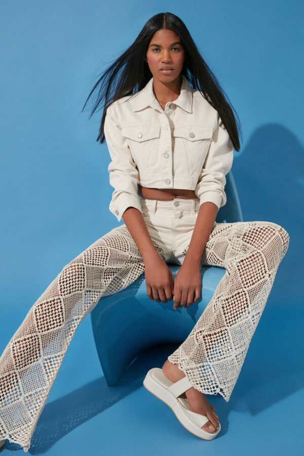 Trendyol Ecru Lace Detail High Waist Wide Leg Jeans