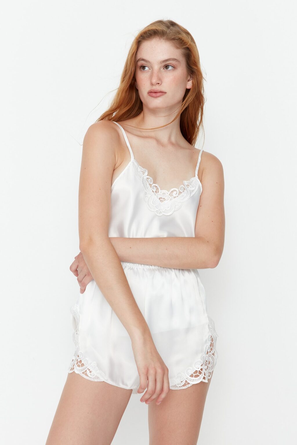 Trendyol Ecru Laced Rope Strap Satin Shorts Woven Pajama Set
