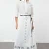 Trendyol Ecru Lined Embroidered Belted Button Detailed Woven Skirt