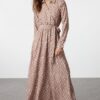 Trendyol Ecru Mono Patterned Belted Satin Woven Dress