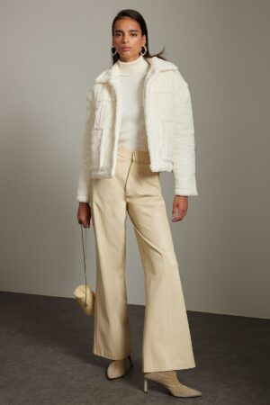 Trendyol Ecru Oversize Quilted Detail Plush Coat
