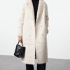 Trendyol Ecru Oversize Wide Cut Belted Für Collar Detailed Long Faux Leather Coat