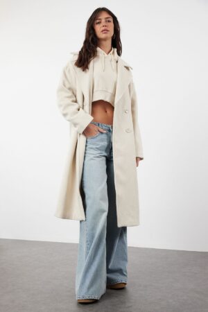 Trendyol Ecru Oversize Wide Cut Long Wool Cashmere Coat