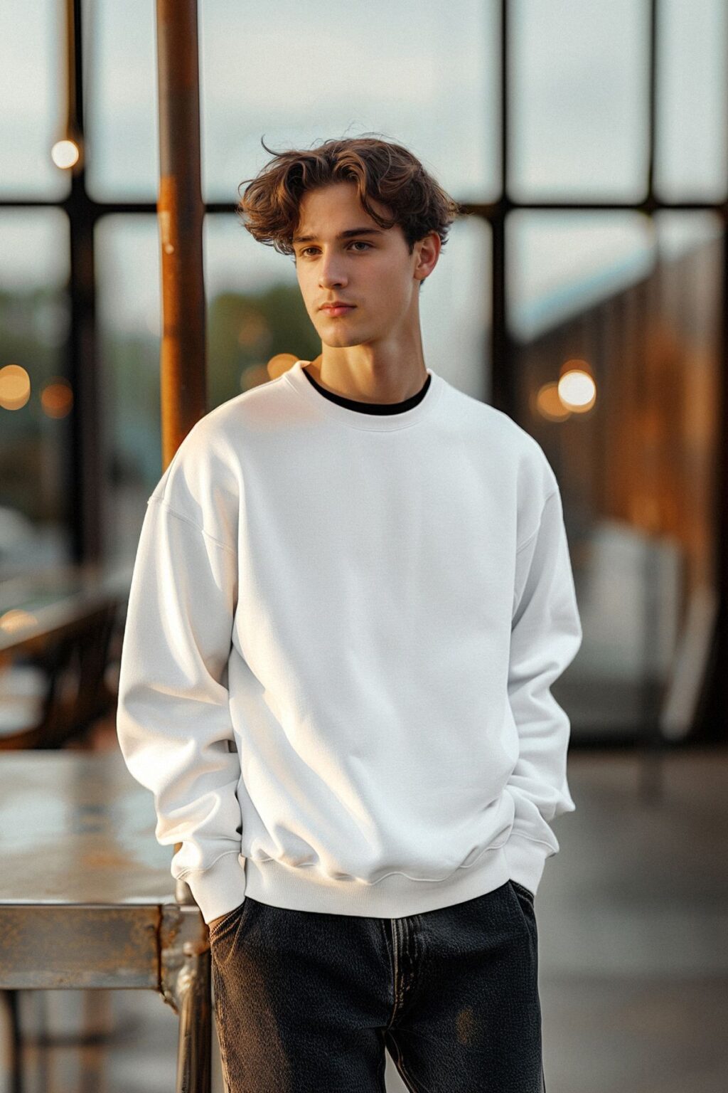 Trendyol Ecru Oversize/Wide Cut Cotton Basic Thick Sweatshirt with Polar Fleece Inside