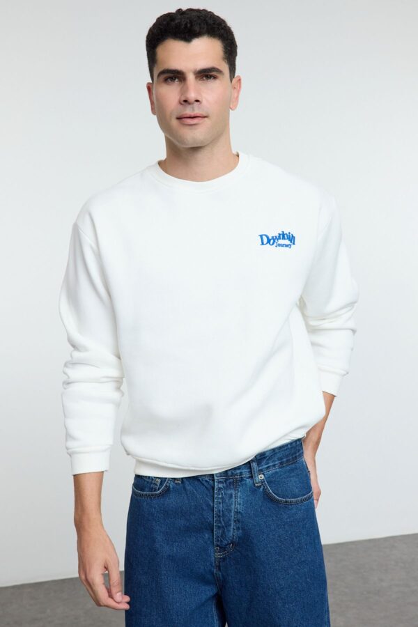 Trendyol Ecru Oversize/Wide Cut Embroidered Front Printed Back Fleece Inside Sweatshirt