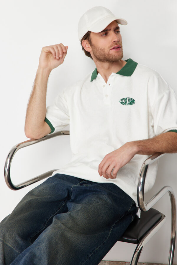 Trendyol Ecru Oversize/Wide Cut Text Embroidered Terry Fabric Buttoned Polo Collar T-Shirt