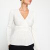 Trendyol Ecru Pleat Detailed Double Breasted Closure Frilly V Neck Knitted Blouse
