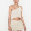 Trendyol Ecru Pleated Mini Denim Shorts Skirt