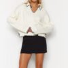 Trendyol Ecru Polo Collar Cotton Wide Pattern Knitwear Sweater