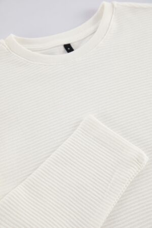 Trendyol Ecru Regular/Normal Cut Long Sleeve Basic Textured 100% Cotton T-Shirt