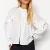 Trendyol Ecru Sleeves Flounced Stand Collar Oversize/Wide Fit Woven Shirt
