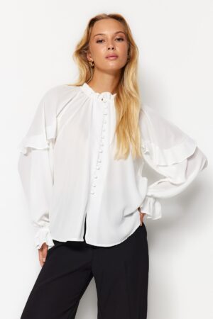 Trendyol Ecru Sleeves Flounced Stand Collar Oversize/Wide Fit Woven Shirt Trendyol Ecru Sleeves Flounced Stand Collar Oversize/Wide Fit Woven Shirt