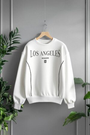 Trendyol Ecru Slogan Printed Oversize/Wide Fit Thick Inside Fleece Knitted Sweatshirt