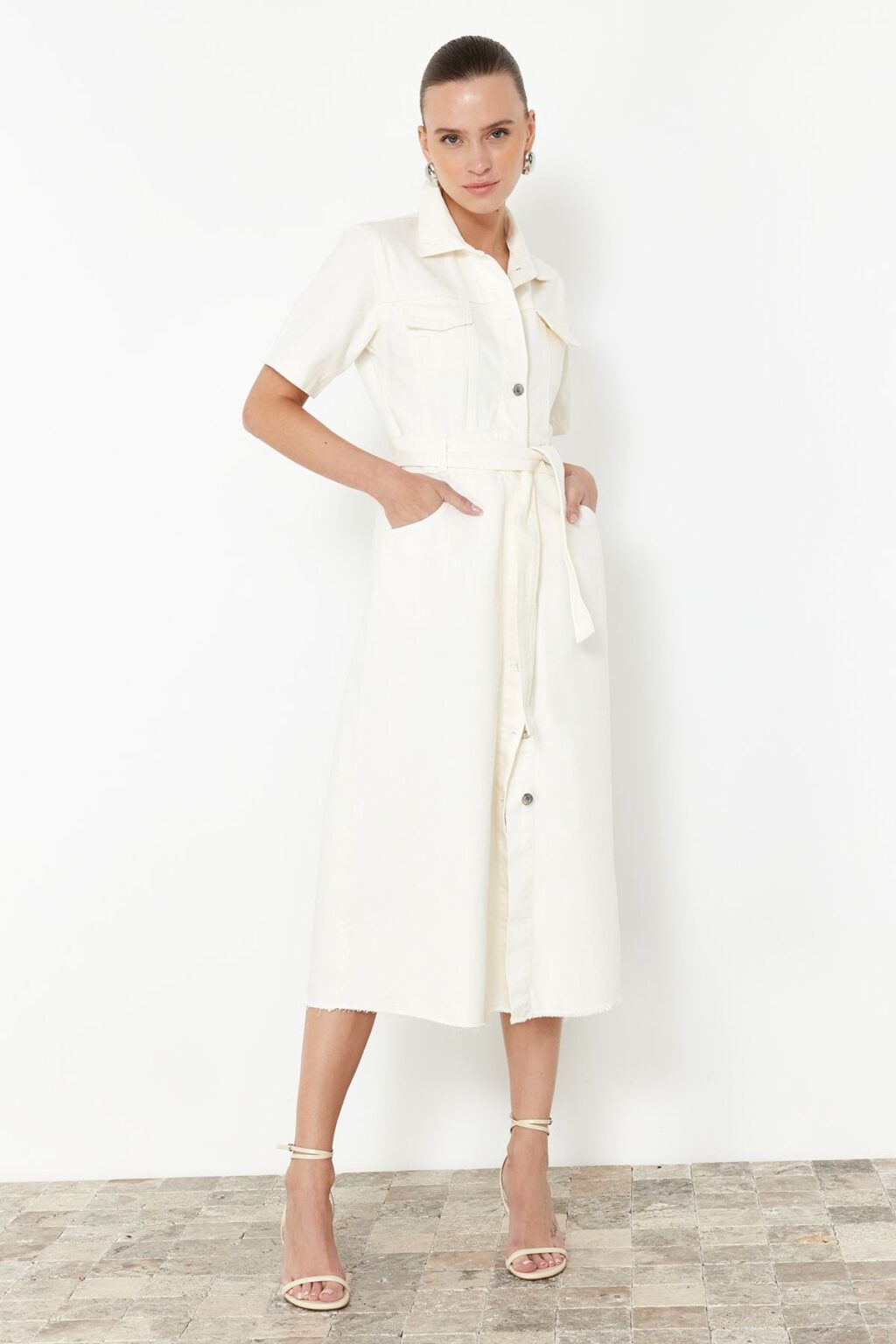 Trendyol Ecru Tassel Belted Maxi Denim Dress