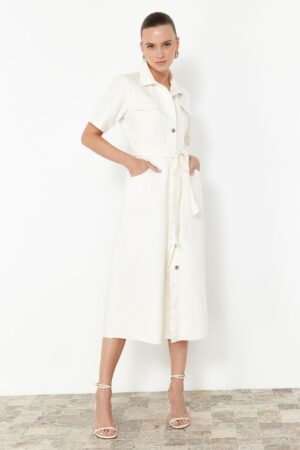 Trendyol Ecru Tassel Belted Maxi Denim Dress