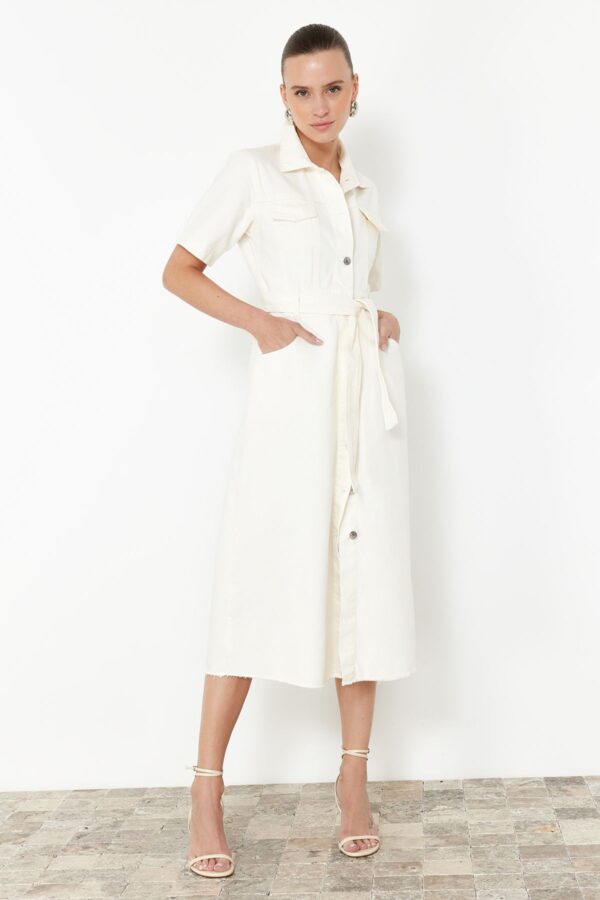 Trendyol Ecru Tassel Belted Maxi Denim Dress