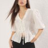 Trendyol Ecru V Neck Embroidered Front Tie Detail Woven Shirt