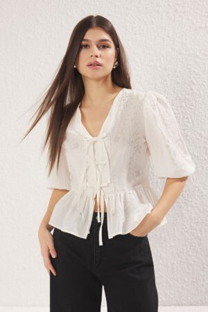 Trendyol Ecru V Neck Embroidered Front Tie Detail Woven Shirt
