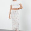 Trendyol Ecru Waist Detailed Printed Flexible Tulle Maxi Knitted Skirt