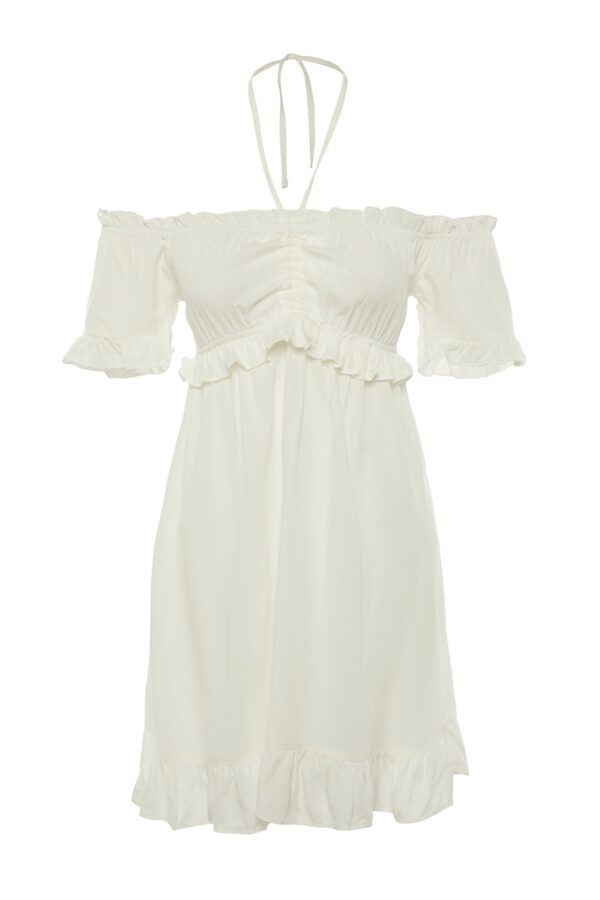 Trendyol Ecru Waist Opening Mini Woven Lined Frilly Woven Dress