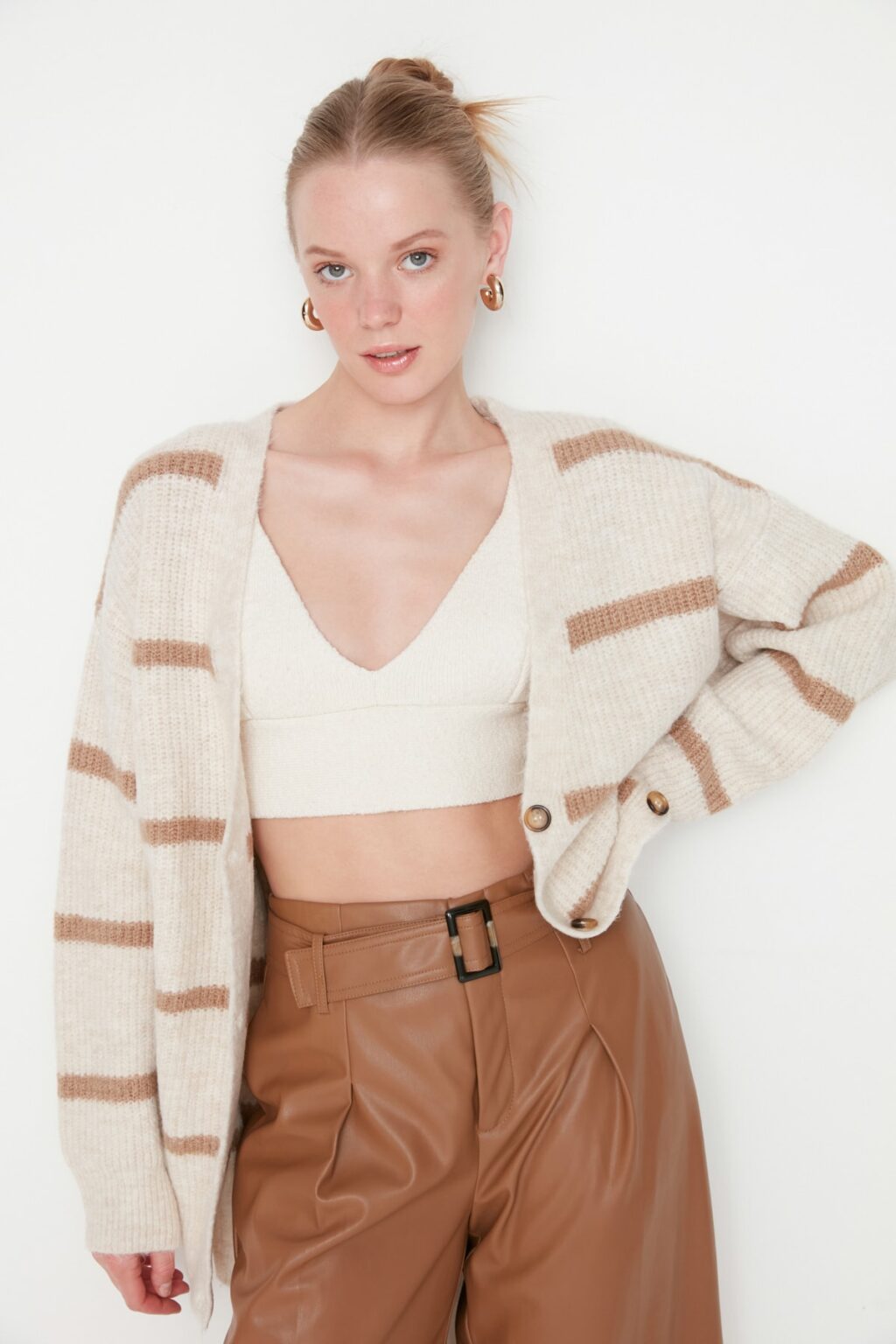 Trendyol Ecru Wide Fit Soft Textured Striped Knitwear Cardigan
