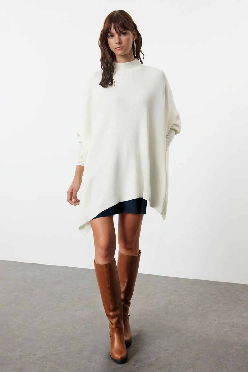Trendyol Ecru Wide Pattern Stand Collar Knitwear Sweater