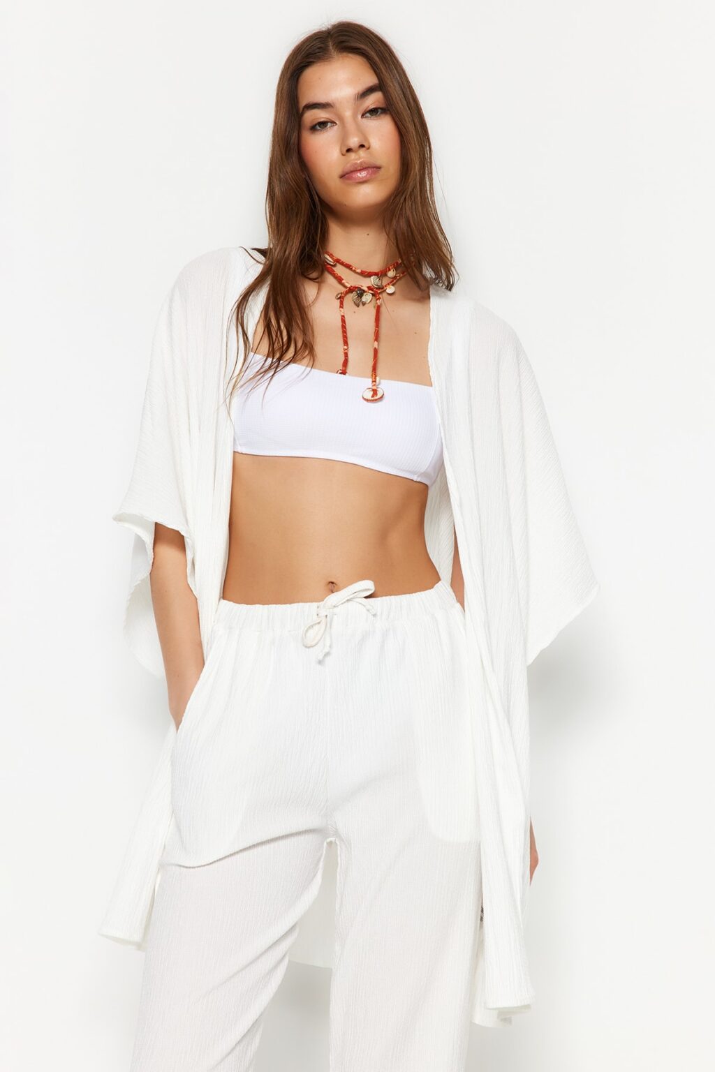 Trendyol Ecru Woven Kimono Trouser Beach Set