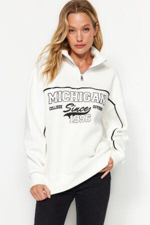 Trendyol Ecru Zipper Printed Oversize/Wide Fit Thick Fleece Knitted Sweatshirt Trendyol Ecru Zipper Printed Oversize/Wide Fit Thick Fleece Knitted Sweatshirt