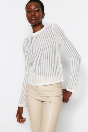 Trendyol Ecru átlátszó kötöttáru megjelenés szövet normál hosszúságú legénységi nyak kötött blúz Trendyol Ecru átlátszó kötöttáru megjelenés szövet normál hosszúságú legénységi nyak kötött blúz