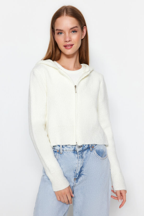 Trendyol Ecru kapucnis Boucle kötöttáru Cardigan